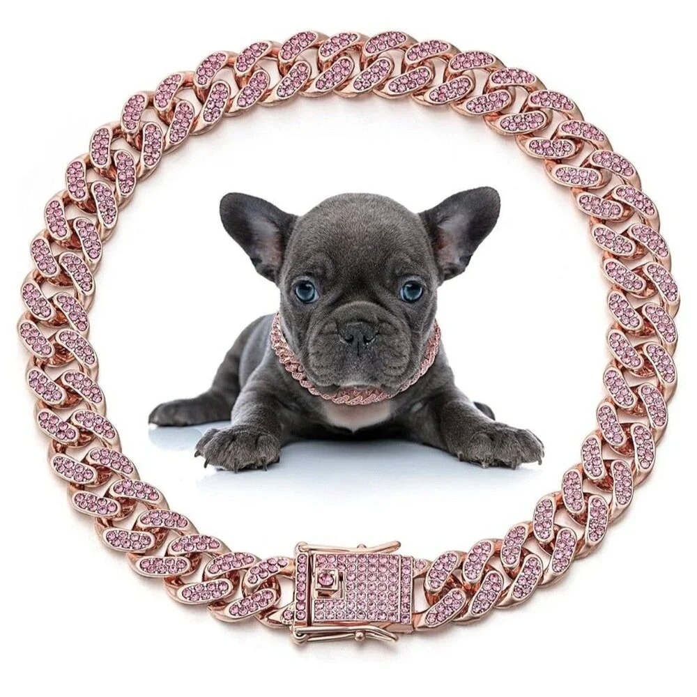 Dog Chain Collar Diamond Link Puppy Collar 12 Mm Wide Rose Gold 10”Pink Necklace